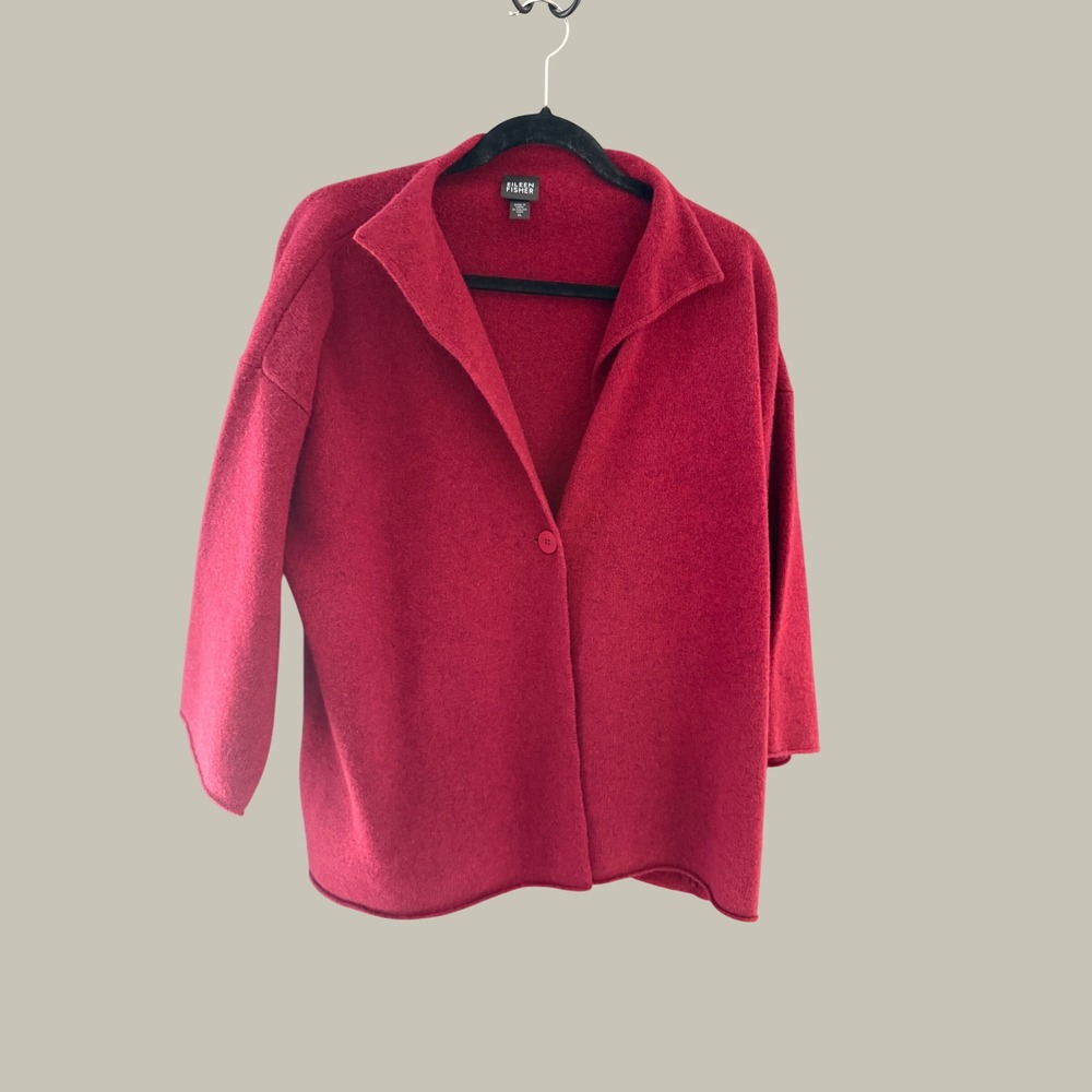 Eileen Fisher Red Wool Cashmere Single Button Cardigan Sweater XL Italian Yarn